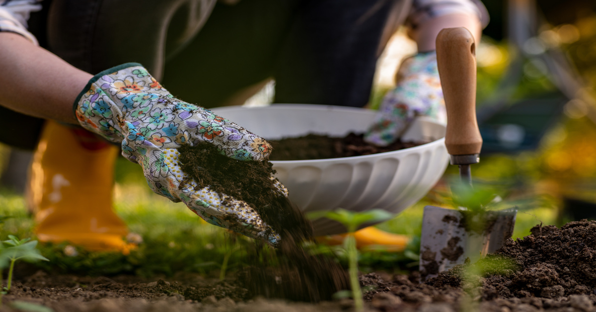 A gardener wears a pair of floral garden gloves, holding a white bowl of compost. They spread the compost on the ground.