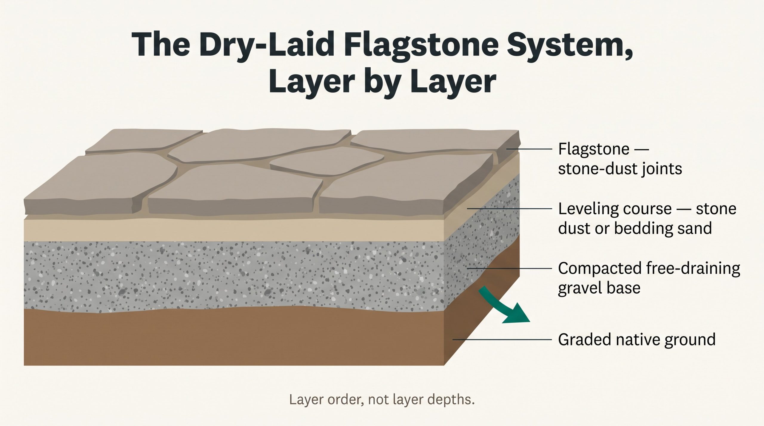 Infographic cross-section of the dry-laid flagstone system: flagstone with stone-dust joints over a leveling course of stone dust or bedding sand, a compacted free-draining gravel base, and graded native ground