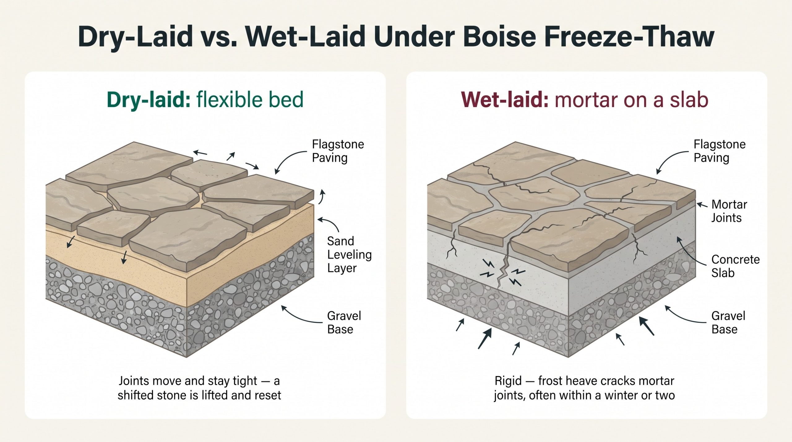 Infographic cross-sections: dry-laid flagstone on a flexible sand and gravel bed where joints move and stay tight, versus wet-laid flagstone mortared to a concrete slab where frost heave cracks the rigid mortar joints