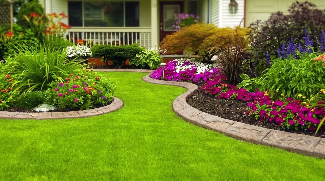 Natural-stone-look concrete curbing bordering a lawn and flower bed