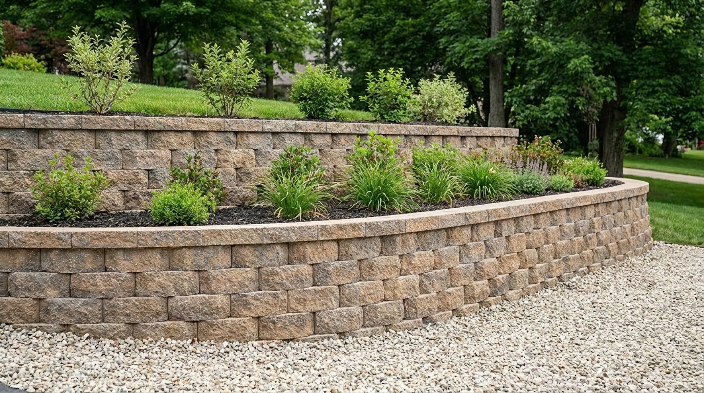 A terraced retaining wall built from segmental concrete blocks
