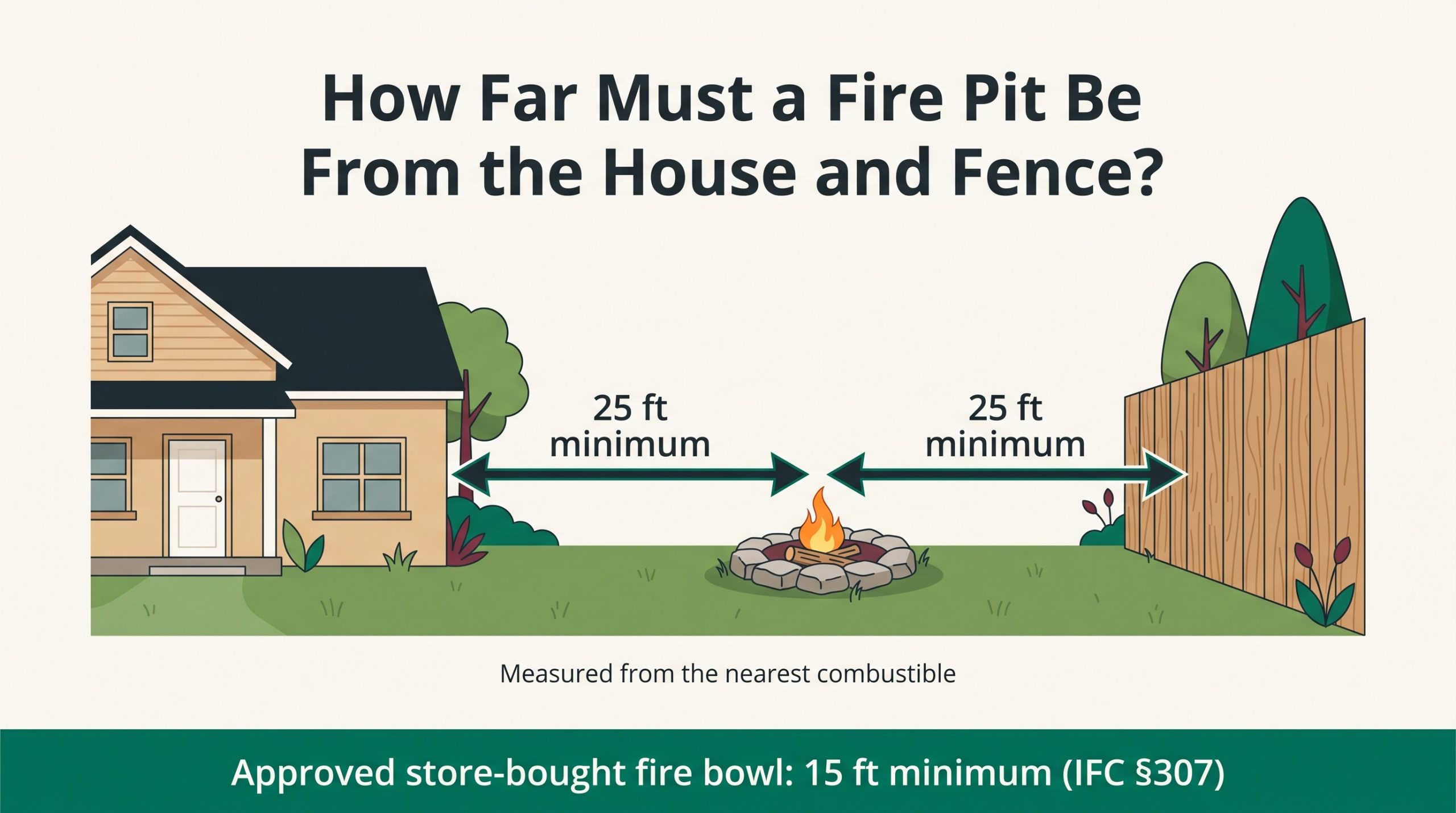Infographic: a backyard fire pit must be at least 25 feet from the house and fence, measured from the nearest combustible; an approved store-bought fire bowl needs 15 feet (IFC Section 307)