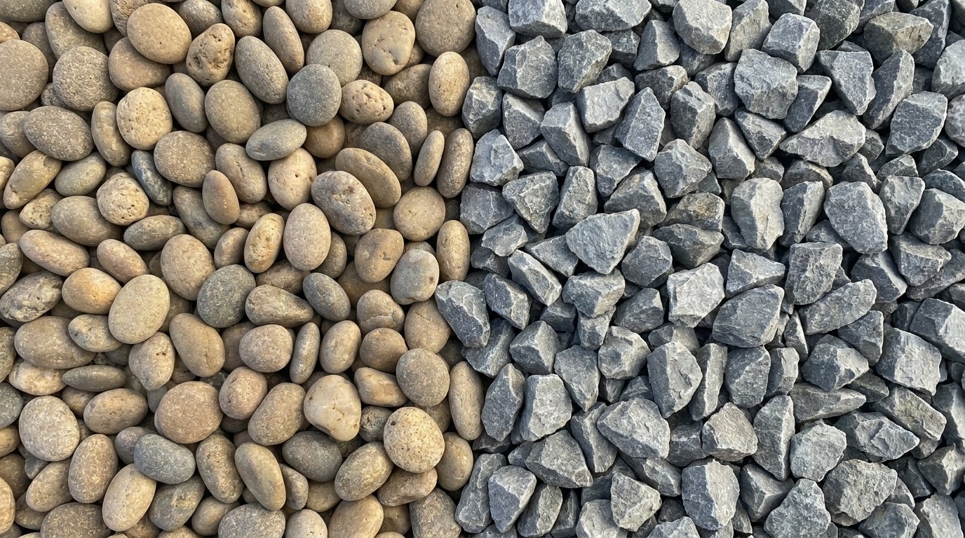 Smooth rounded pea gravel beside angular crushed rock, showing the shape difference